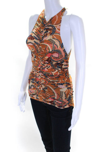 ALC Womens Abstract Print Gathered Sleeveless Tank Blouse Brown Multi Size S