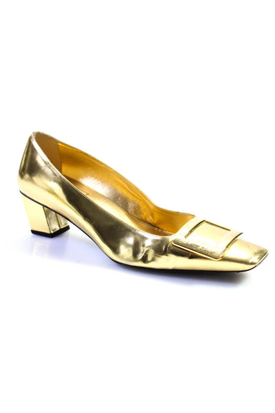 Roger Vivier Womens Patent Leather Square Toe Buckle Pumps Gold Size 38.5 8.5