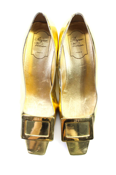 Roger Vivier Womens Patent Leather Square Toe Buckle Pumps Gold Size 38.5 8.5