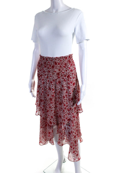 Misa Womens Floral Print Ruched Elastic Waist Tiered Midi Skirt Red Size XS