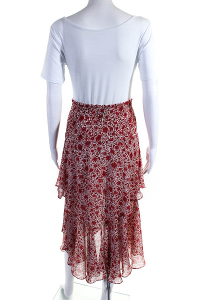 Misa Womens Floral Print Ruched Elastic Waist Tiered Midi Skirt Red Size XS