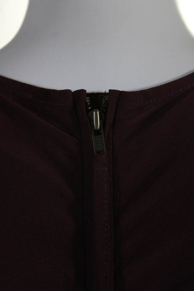 Ulla Johnson Womens Silk Ruched Short Sleeve Zip Up Blouse Top Burgundy Size 6