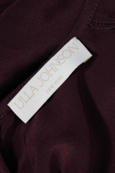 Ulla Johnson Womens Silk Ruched Short Sleeve Zip Up Blouse Top Burgundy Size 6