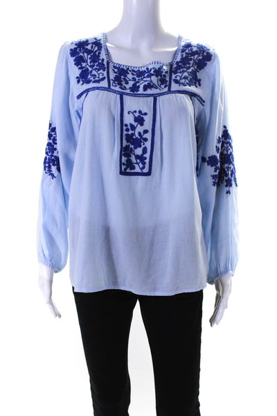 Roller Rabbit Womens Blue Cotton Floral Embroidered Square Neck Blouse Top SizeS