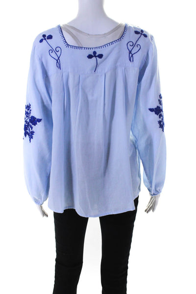 Roller Rabbit Womens Blue Cotton Floral Embroidered Square Neck Blouse Top SizeS