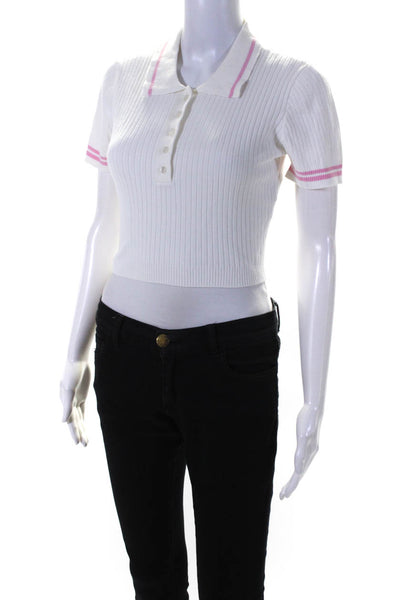 Cynthia Rowley Womens Short Sleeve Ribbed Cropped Polo Shirt White Size Medium