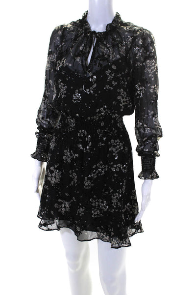 Parker Women's V-Neck Long Sleeves Ruffle Flare Floral Mini Dress Black Size XS