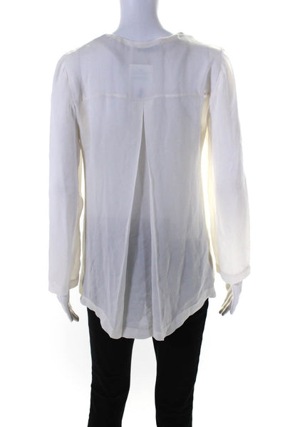 ALC Women's V-Neck Piping Long Sleeves Sheer Silk Blouse Beige Size S