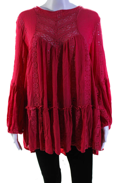 Free People Womens Lace Embroidered Long Sleeve Tunic Top Blouse Pink Size M