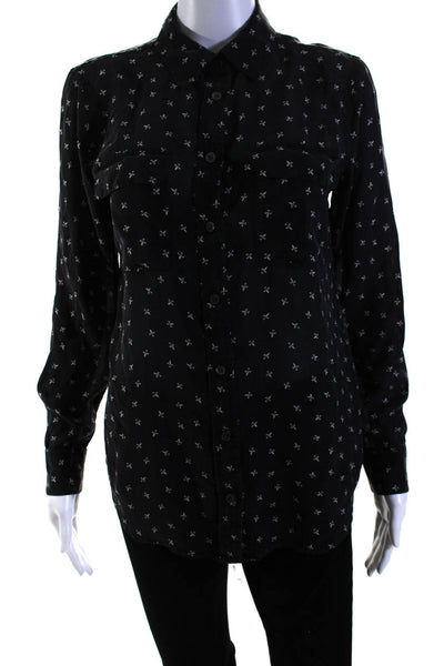 Equipment Femme Womens Button Front Collared Silk Printed Shirt Black Size Small