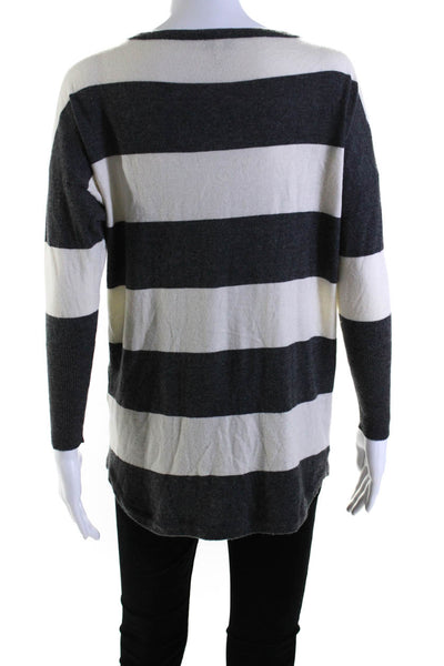 Vince Womens 3/4 Sleeve V Neck Striped Knit Sweatshirt White Gray Size XS