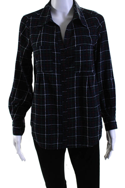 Joie Womens Button Front Long Sleeve Collared Plaid Shirt Navy Multi Size XS