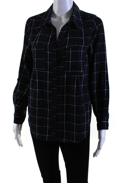 Joie Womens Button Front Long Sleeve Collared Plaid Shirt Navy Multi Size XS