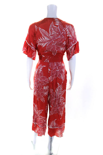 Whistles Womens V Neck Abstract Print Front Button Jumpsuit Orange Size Small