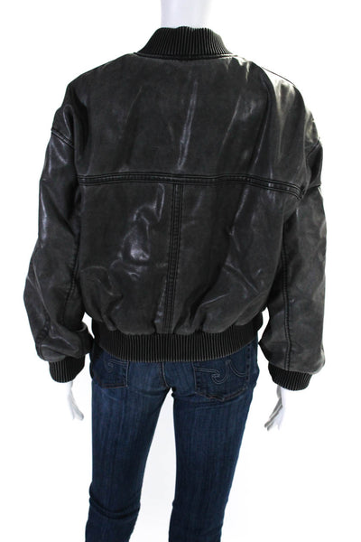Zara Womens Vegan Leather Round Neck Long Sleeve BOmber Jacket Gray Size M