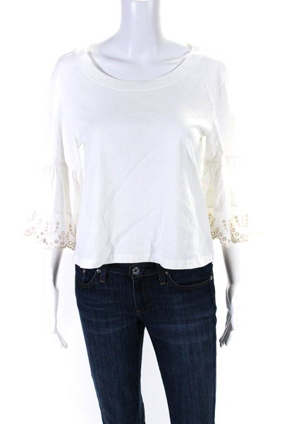 See by Chloe Women's Round Neck Bell Sleeves Embroidered Blouse White Size S