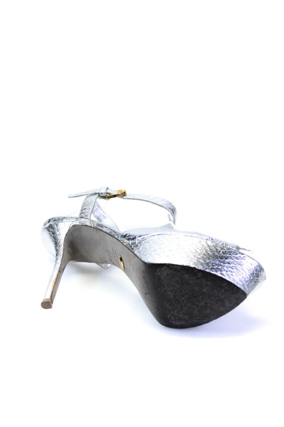 Sergio Rossi Womens Open Toe Platform Ankle Buckle Textured Sandals Silver Size