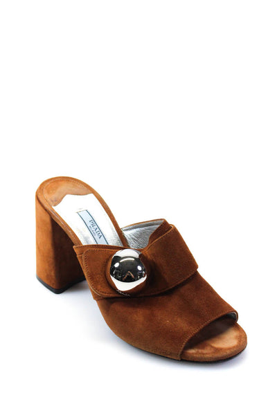 Prada Women's Open Toe Slip-On Suede Embellish Block Heels Sandals Brown Size 7