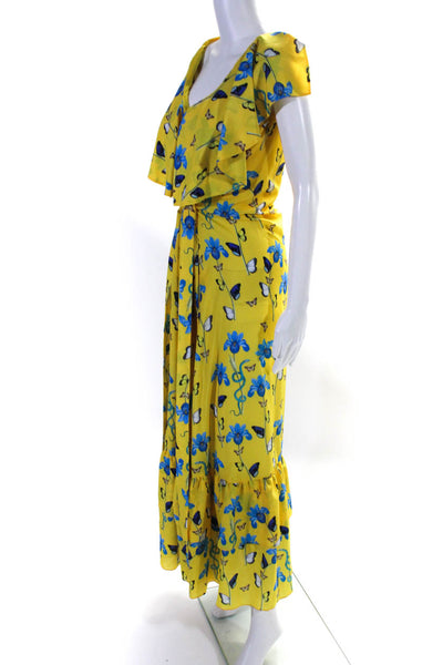 Borgo De Nor Womens Floral Print V-Neck Ruffled Belted Maxi Dress Yellow Size 12