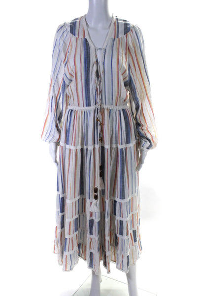 Valiante Womens Striped Print Tassel Bell Tied Tiered Maxi Dress White Size M