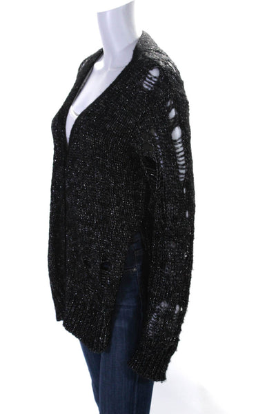 Pam & Gela Womens Metallic Wool Knit Buttoned Long Sleeve Cardigan Black Size L