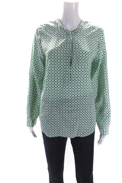 Josie Womens Button Down Abstract Print Long Sleeve Blouse Silk Green Size Small