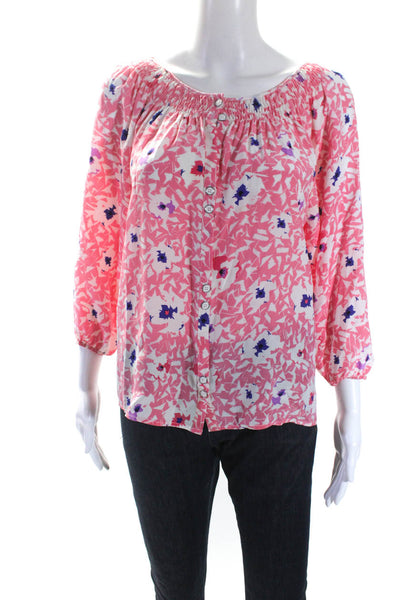 Yumi Kim Womens Floral Print Long Sleeve Front Button Blouse Silk Pink Small