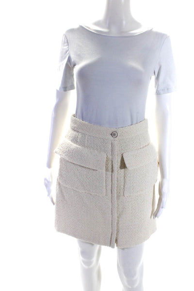Chanel Womens Zip Up Pocket Front Tweed Knee Length Pencil Skirt White FR 38