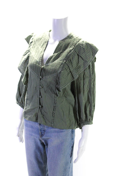Intermix Womens 3/4 Sleeve Y Neck Ruffle Pintuck Top Blouse Green Size 8