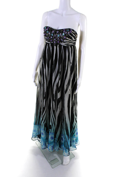 Mikael Aghal Womens Black Printed Beaded Zip Back Strapless Gown Dress Size 2