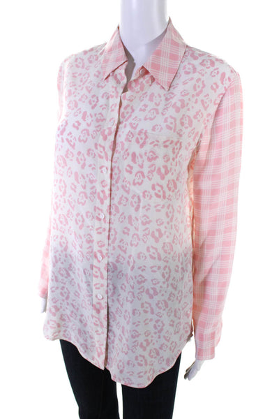Equipment Femme Womens Button Front Leopard Plaid Silk Shirt White Pink Size XS