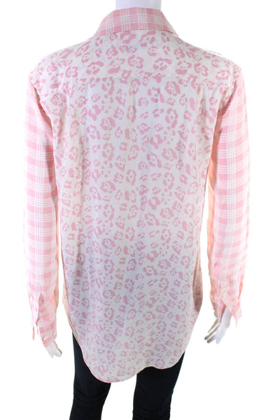 Equipment Femme Womens Button Front Leopard Plaid Silk Shirt White Pink Size XS