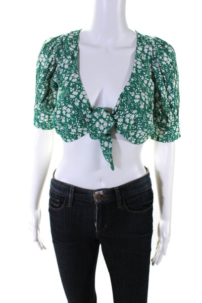 For Love & Lemons Womens Short Sleeve V Neck Floral Crop Top Green White Size XS