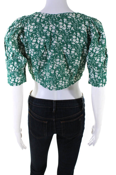 For Love & Lemons Womens Short Sleeve V Neck Floral Crop Top Green White Size XS