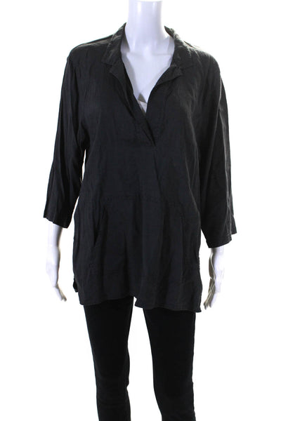 Eileen Fisher Women's Collared 3/4 Sleeves Pockets Blouse Black Size L