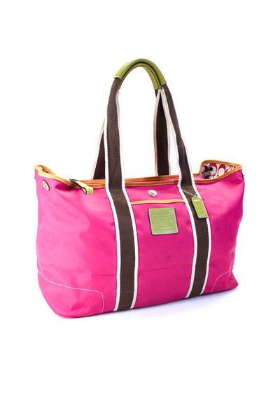 Coach Womens Nylon Leather Trim Zip Top Pink Tote Bag Large Handbag