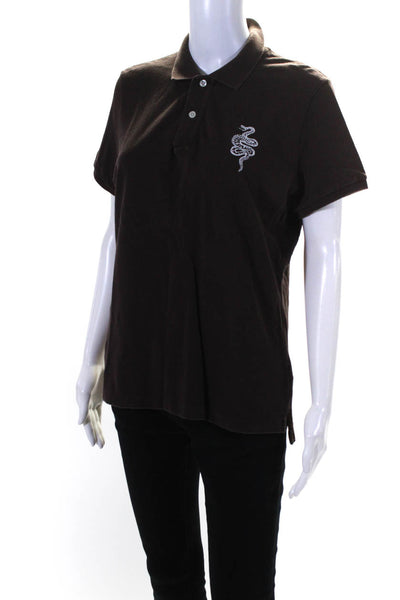 Ralph Lauren Black Label Womens Knit Snake Embroidered Polo Shirt Brown Size XL