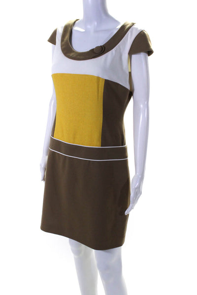 Aysha Womens Brown White Color Block Scoop Neck Cap Sleeve Shift Dress Size 8