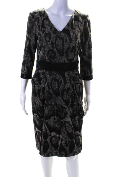 Aysha Womens Brown Black Printed V-Neck 3/4 Sleeve Shift Dress Size 8