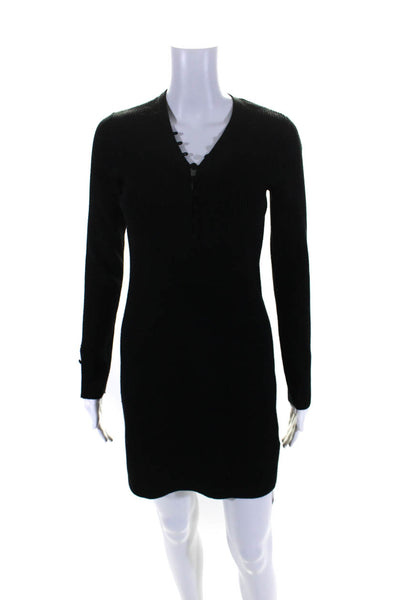 Club Monaco Womens Ribbed V Neck Button Sweater Dress Black Wool Size Extra Smal