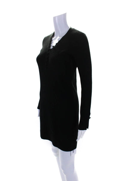 Club Monaco Womens Ribbed V Neck Button Sweater Dress Black Wool Size Extra Smal