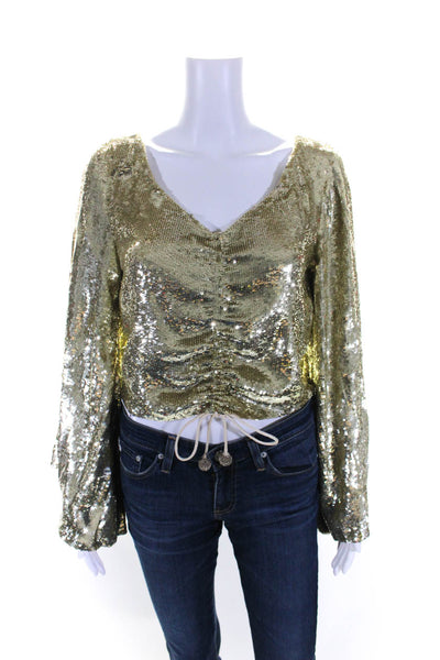 Retrofete Womens Sequined Long Sleeves V Neck Blouse Gold Size Extra Small