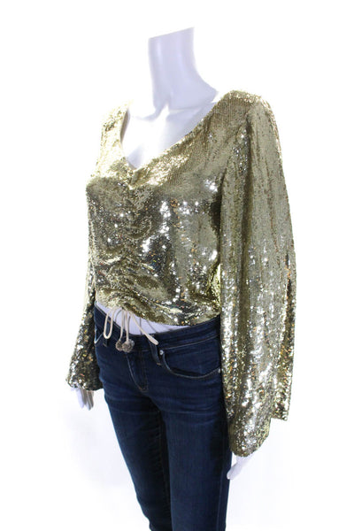 Retrofete Womens Sequined Long Sleeves V Neck Blouse Gold Size Extra Small