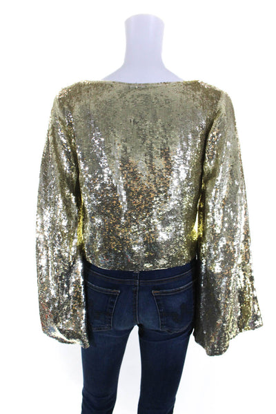 Retrofete Womens Sequined Long Sleeves V Neck Blouse Gold Size Extra Small