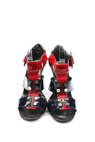 Roger Vivier Womens Patent Leather T Strap Sandal Heels Black Red Size 40.5 10.5