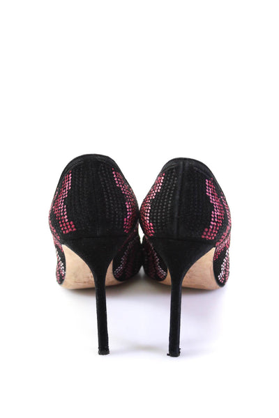 Manolo Blahnik Womens Woven Pointed Toe Stiletto Pumps Black Pink Size 41 11
