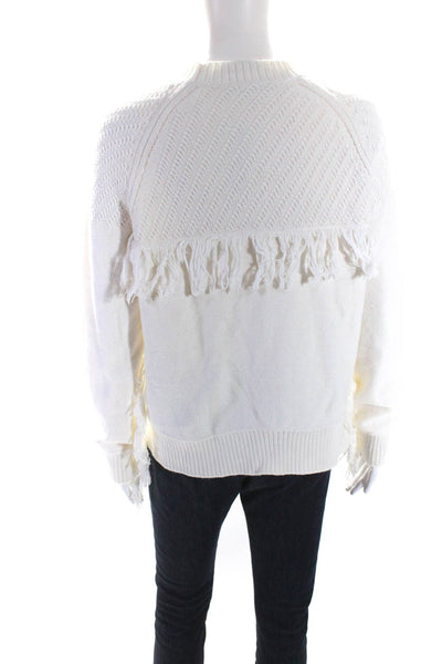 Frame Womens Cotton Knit Fringe Trim Long Sleeve Crewneck Sweater White Size S