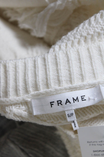 Frame Womens Cotton Knit Fringe Trim Long Sleeve Crewneck Sweater White Size S