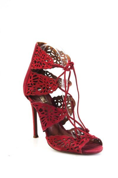 Schutz Womens Perforated Suede Lace Up Strappy High Heels Sandals Red Size 6