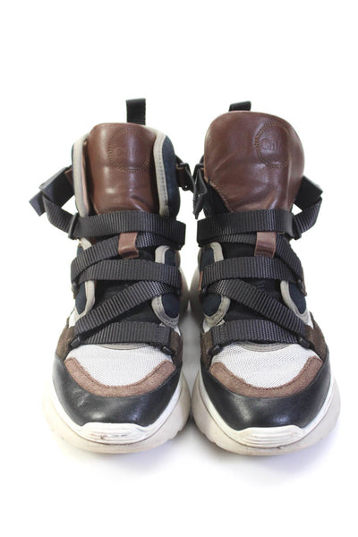 Chloe Womens Leather Buckle Up High Top Platform Sneakers Navy Brown Size 36 6